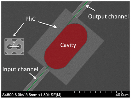 Fig. 1. SEM image of a typical photonic crystal chaotic resonator, with in- and out-coupling channels. The inset shows two PhC cells.